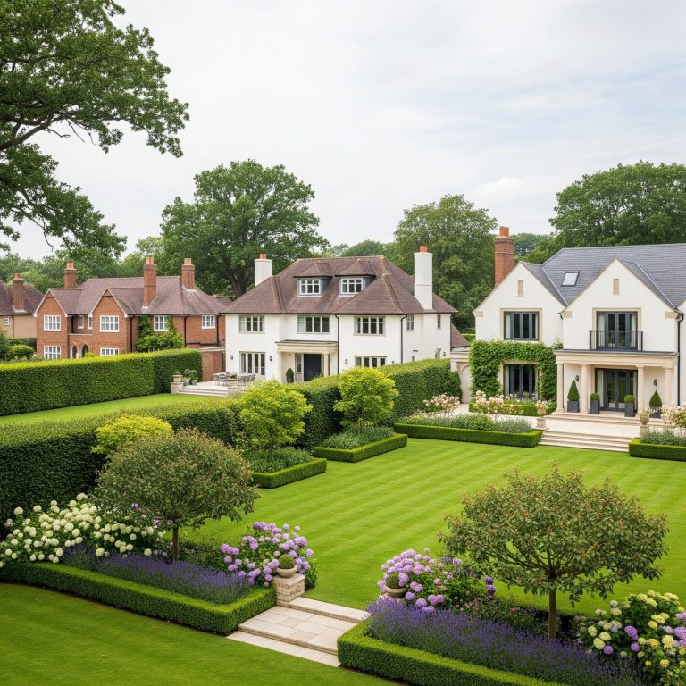 Lush garden with neatly trimmed hedges and elegant houses in the background.