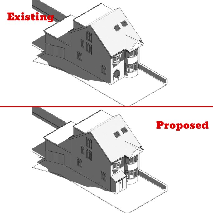 Comparison of existing and proposed building designs, highlighting structural changes.