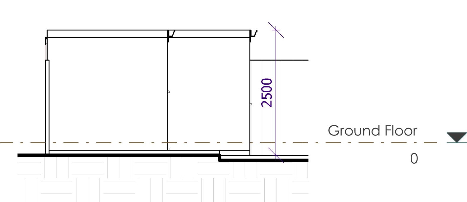 Section drawing of a ground floor, showing walls, dimensions, and elevation markers.