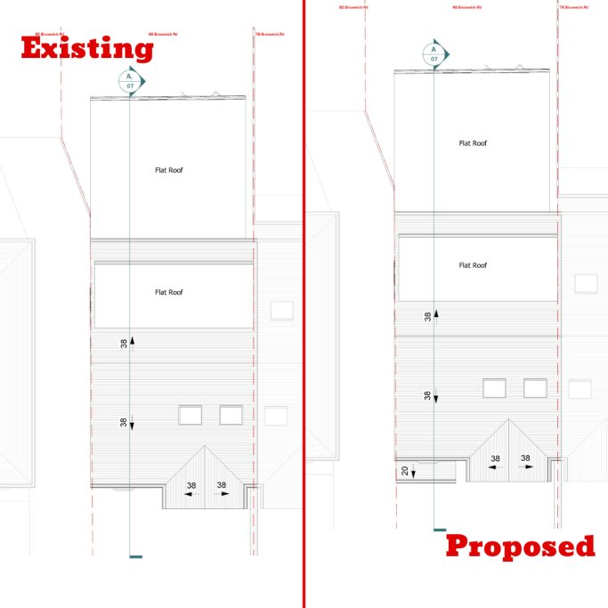Comparison of existing and proposed building layout with annotations.