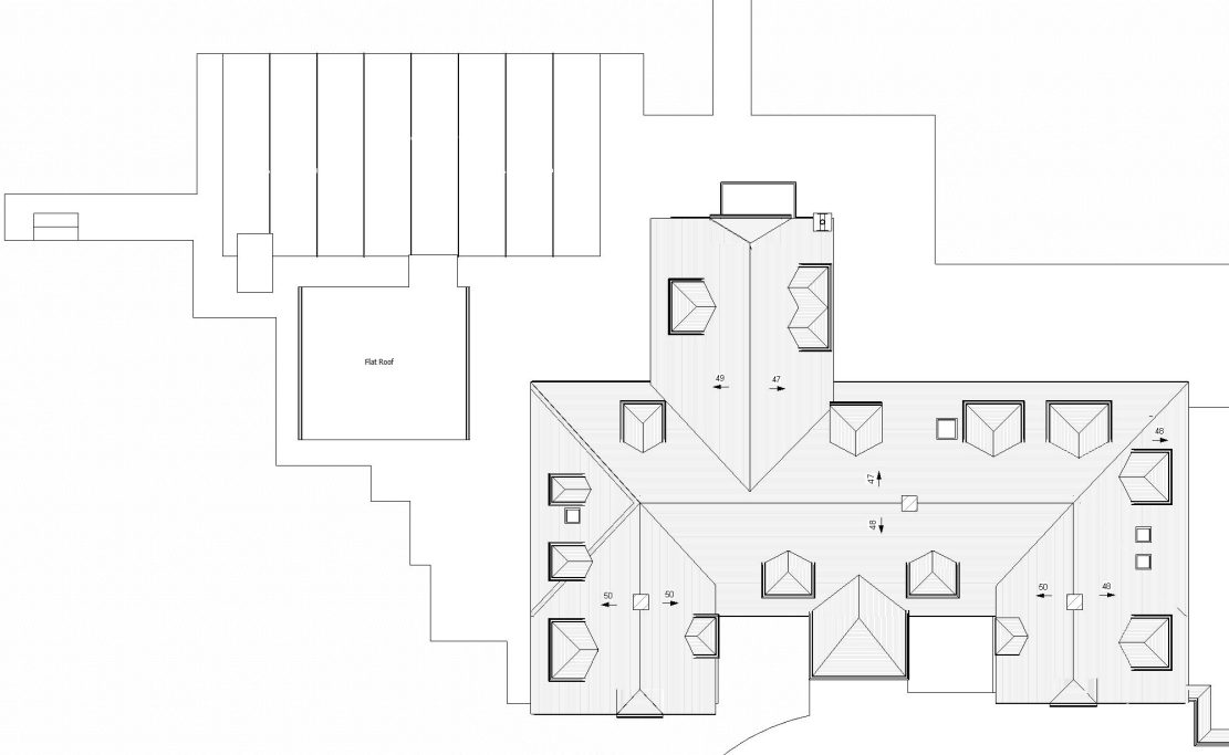 Architectural floor plan of a building with multiple rooms and a central courtyard.