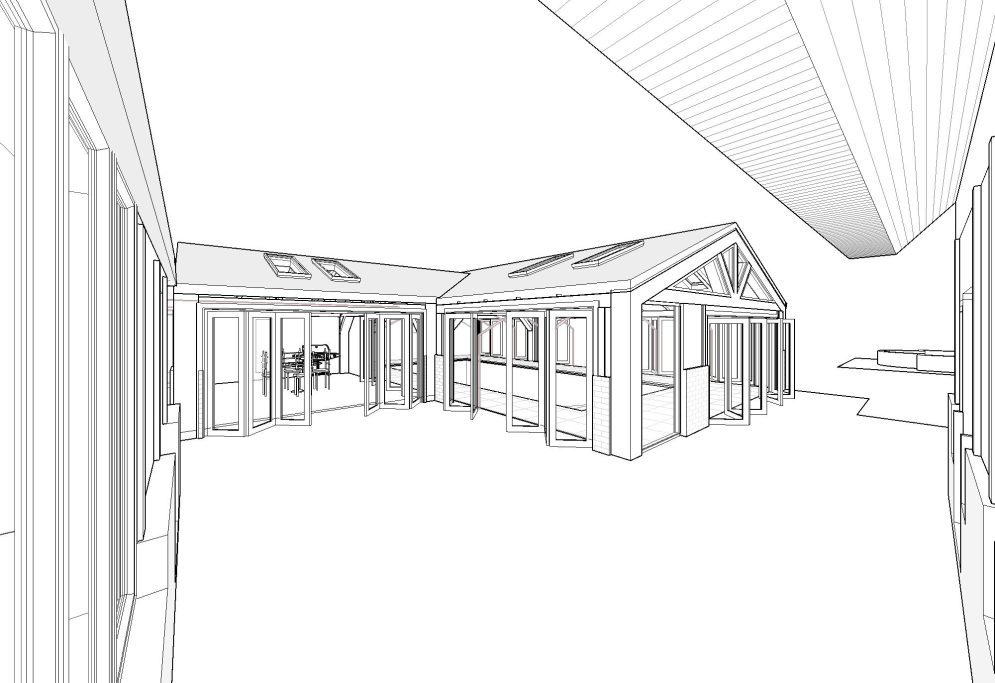 Architectural sketch of a modern courtyard with two buildings and a sloped roof.