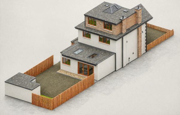 Illustration of a modern two-storey house with a garden and wooden fence.