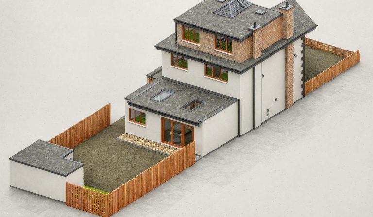 3D perspective drawing of a modern house with a flat roof and large windows.