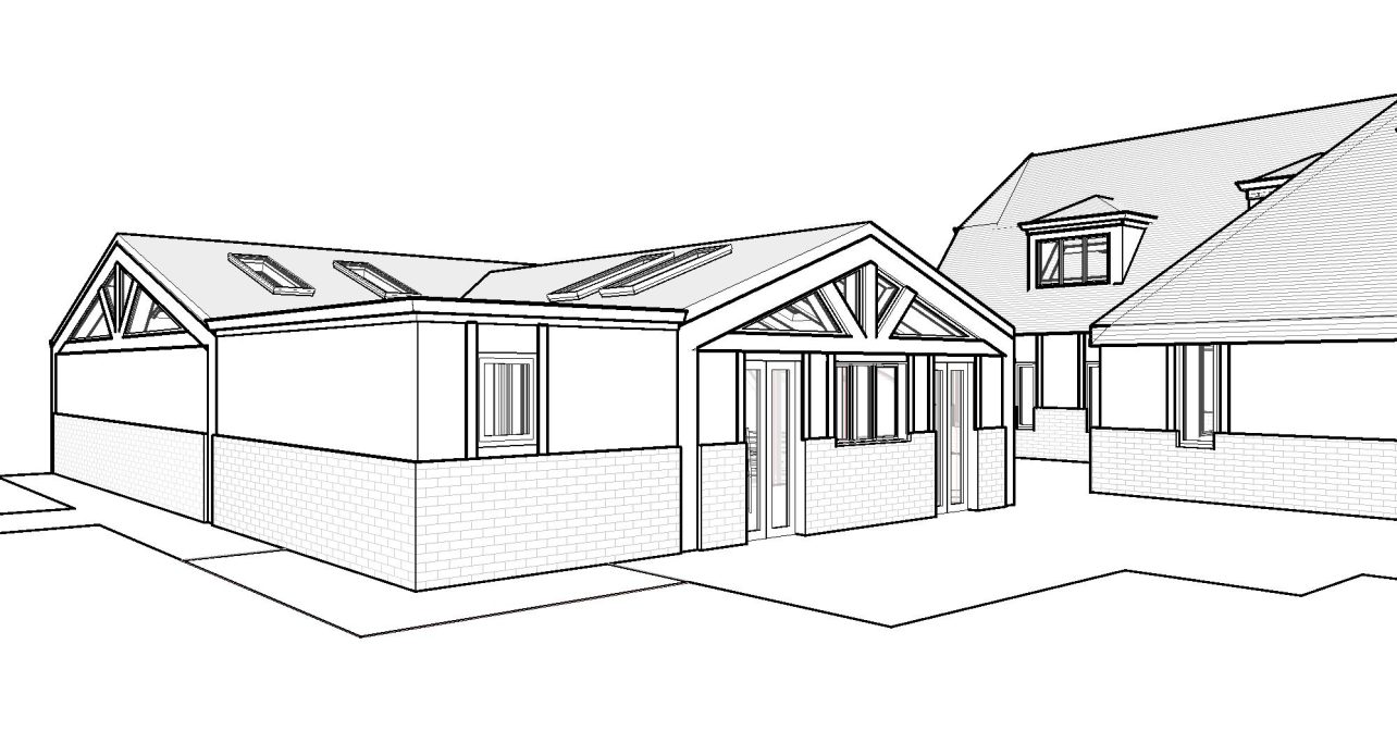 Architectural design of a house with a modern extension and traditional features.