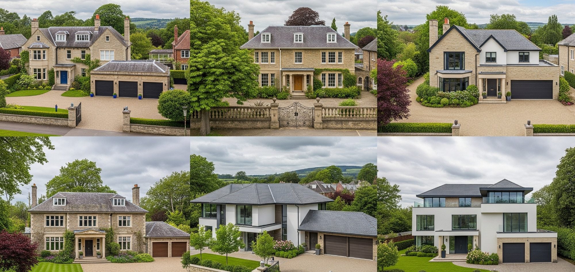 Collage of six diverse luxury houses set in landscaped surroundings.