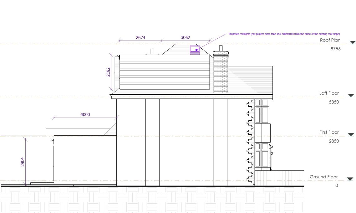 Side elevation drawing of a building, detailing dimensions and structural elements.