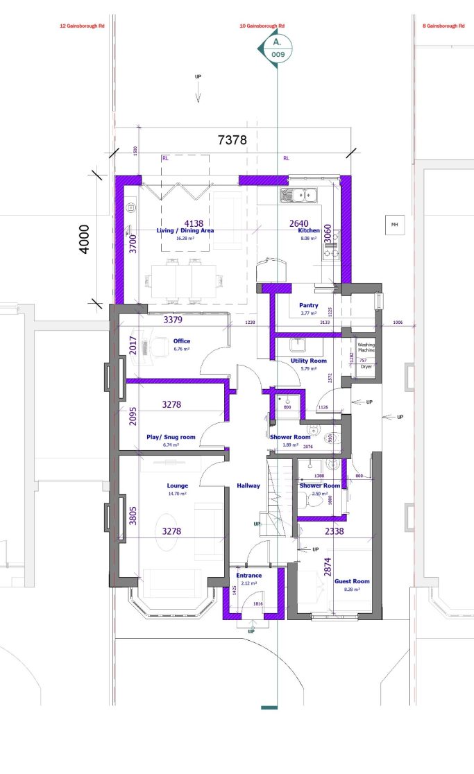 Floor plan showing room layout with dimensions and plumbing marked in purple.