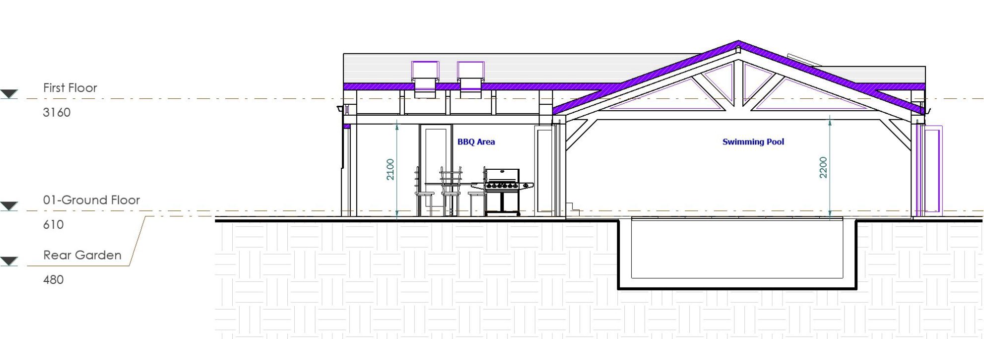 Sectional view of a single-storey building with outdoor seating and entryway details.