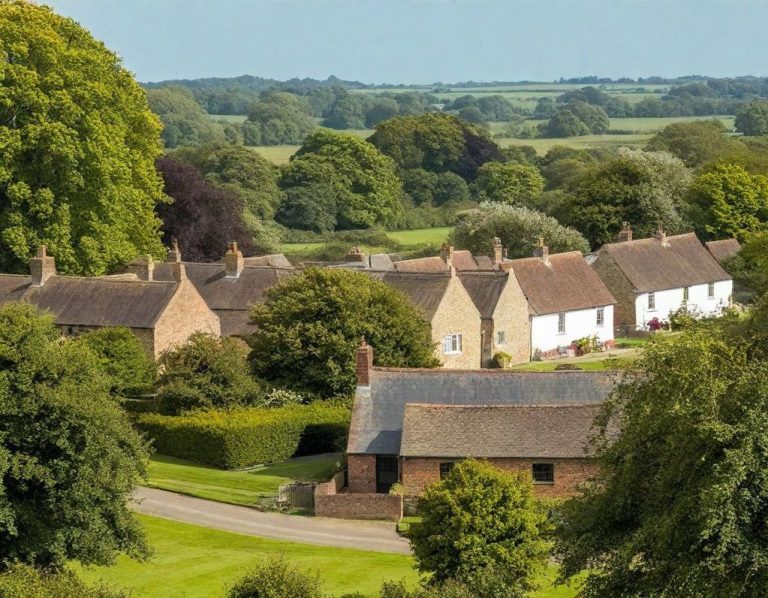 Quaint village with brick houses surrounded by lush green trees and fields.