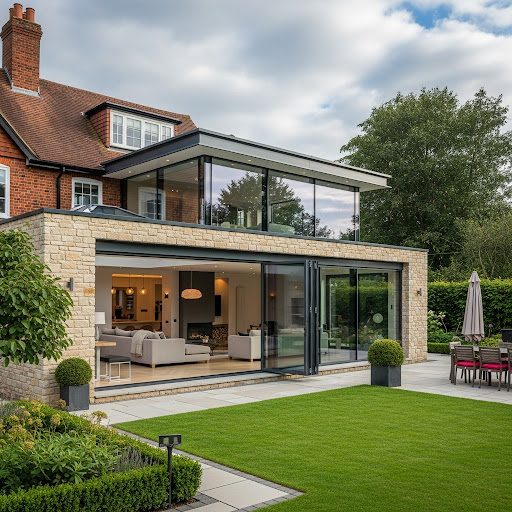 Modern two-storey house with large windows, patio, and well-kept garden.