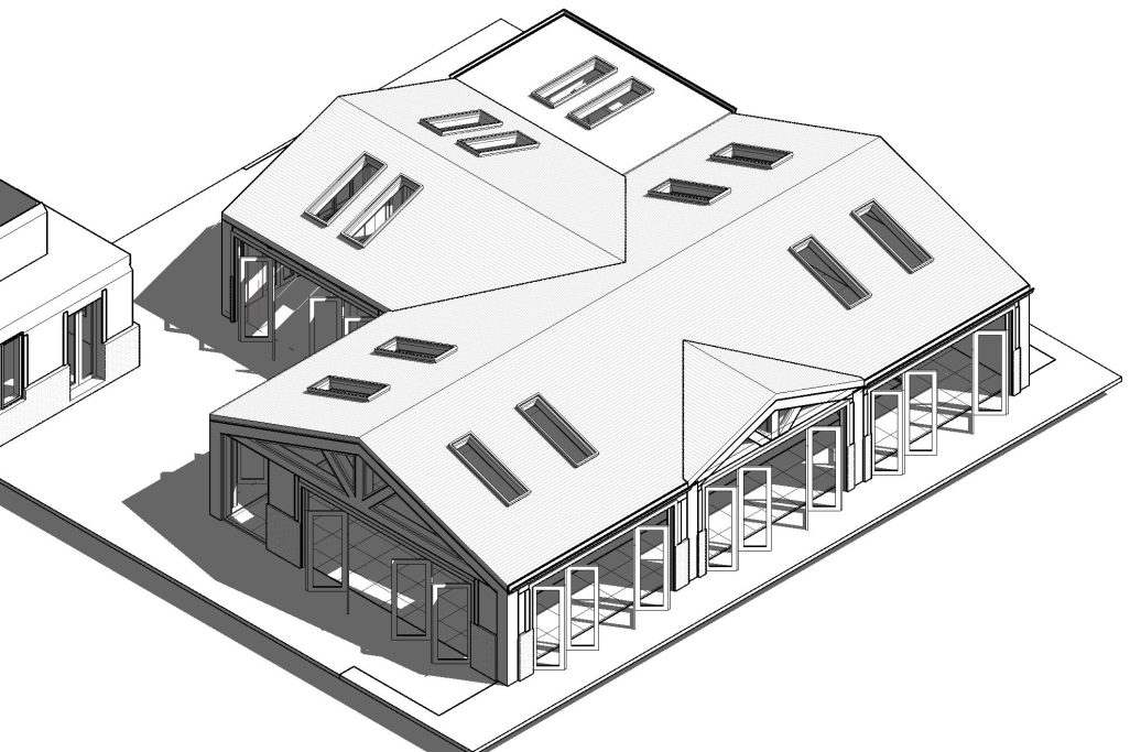 Aerial view of a two-section building with multiple skylights and seating areas.