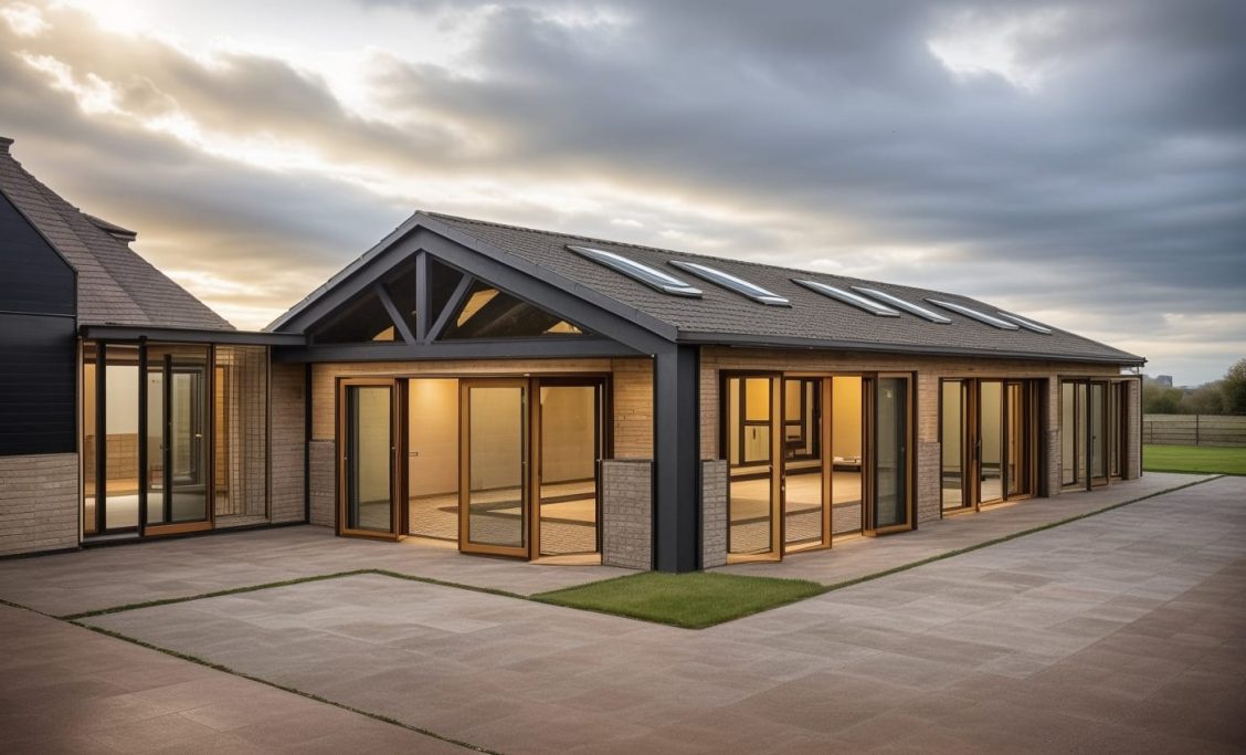 Modern building with large glass doors and a striking roof against a cloudy sky.