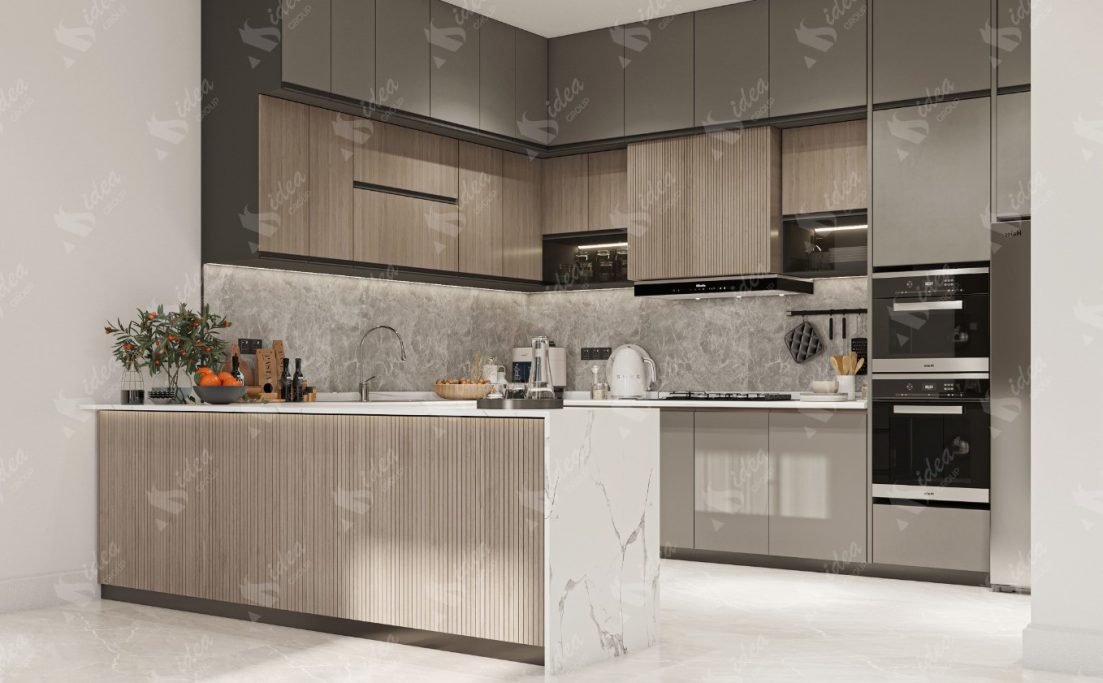 Modern kitchen design with grey and wooden cabinets, marble countertops, and appliances.