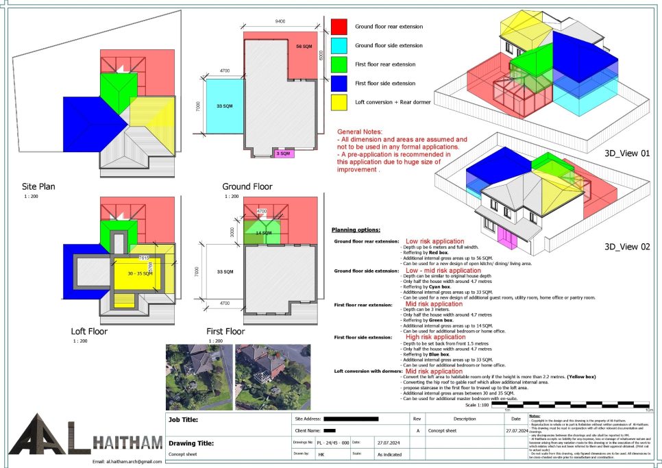 Floor plan with coloured zones, dimensions, and site layout annotations.