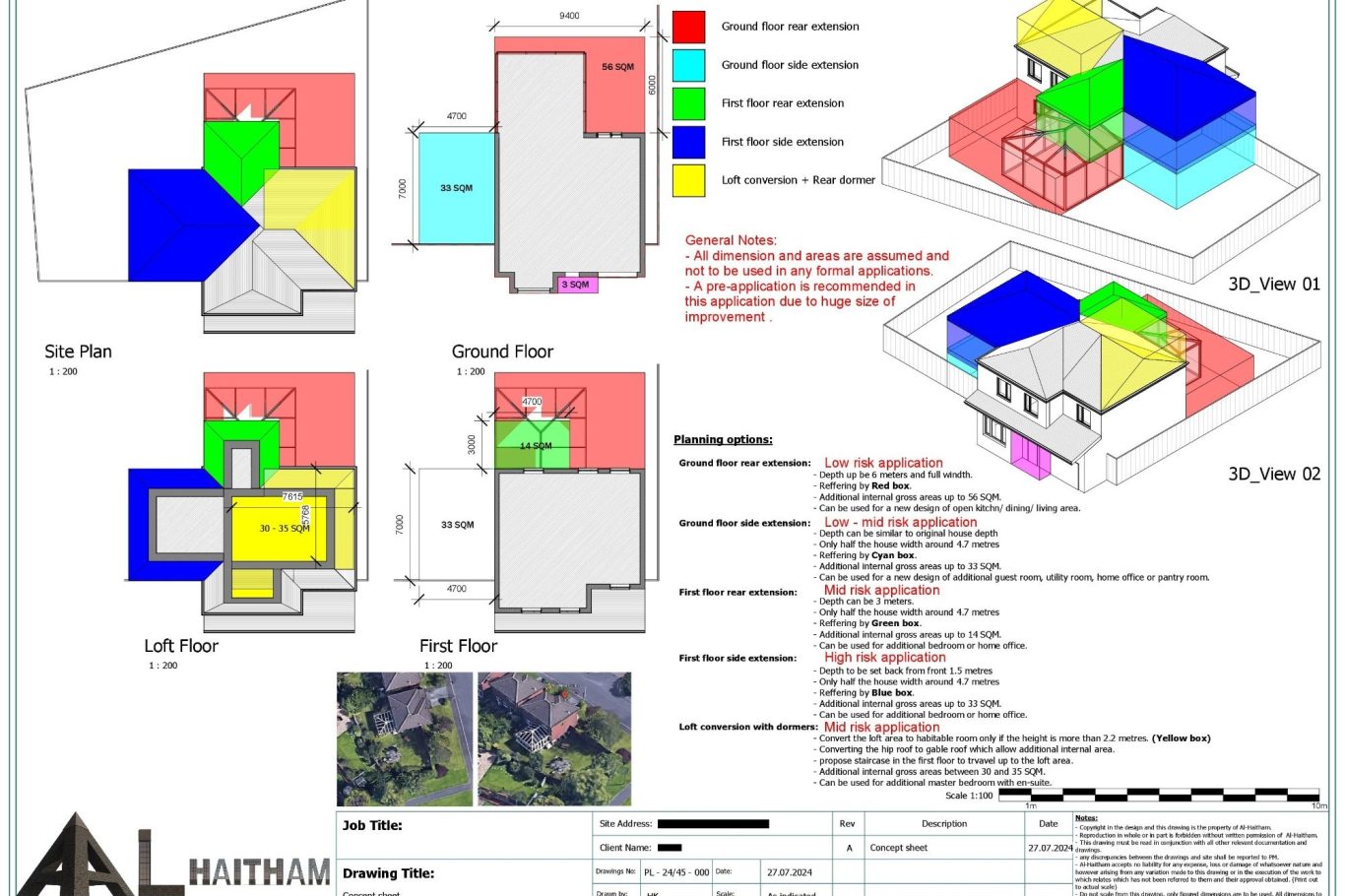 Architectural plans showing building layouts, materials, and elevation views.