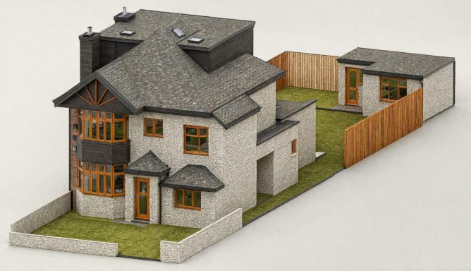 3D model of a modern house with a garden and wooden fence.