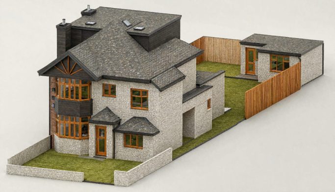 3D model of a modern two-storey house with a garden and wooden fence.