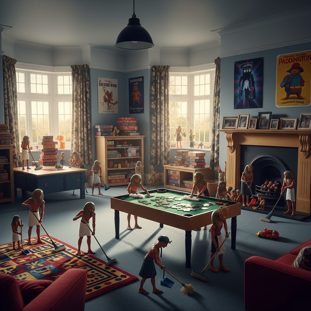 Large Playroom - Games Room A playful indoor scene with dolls engaging in various activities around a table.