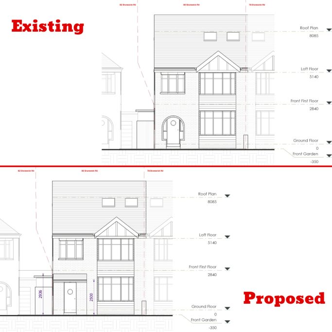 Comparison of existing and proposed architectural façade designs for a building.