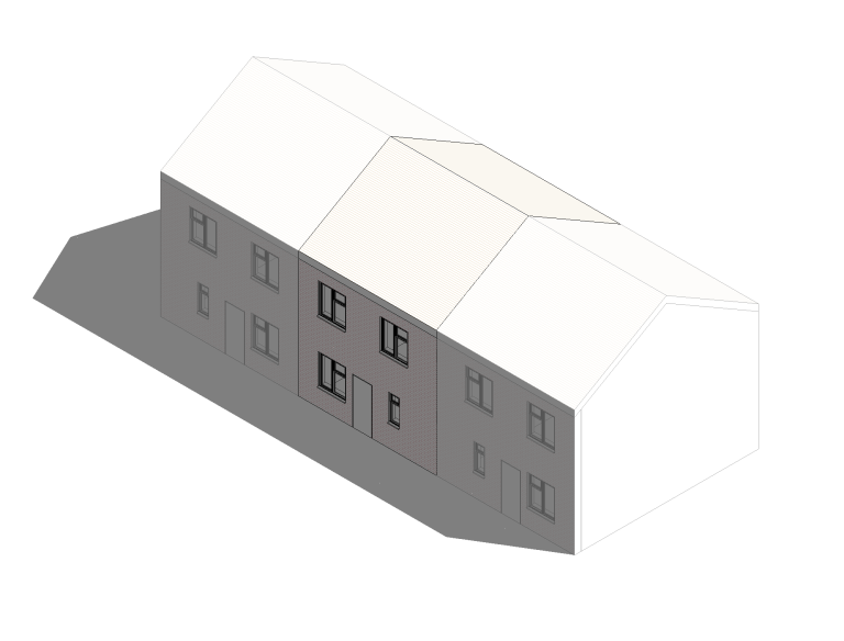 Aerial view of a two-storey building with a pitched roof and multiple windows.