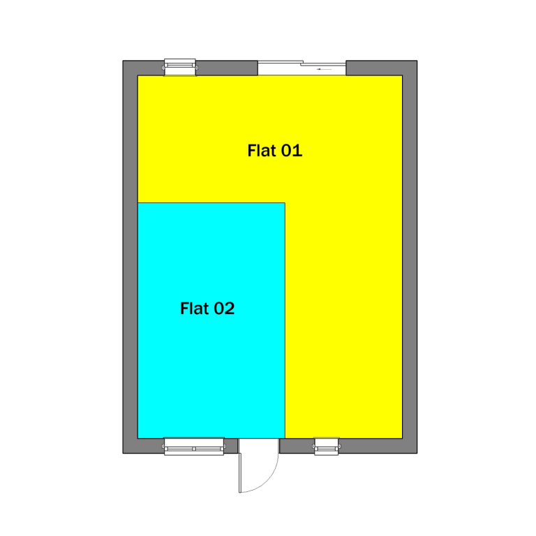 Floor plan depicting two flats: Flat 01 in yellow and Flat 02 in blue.