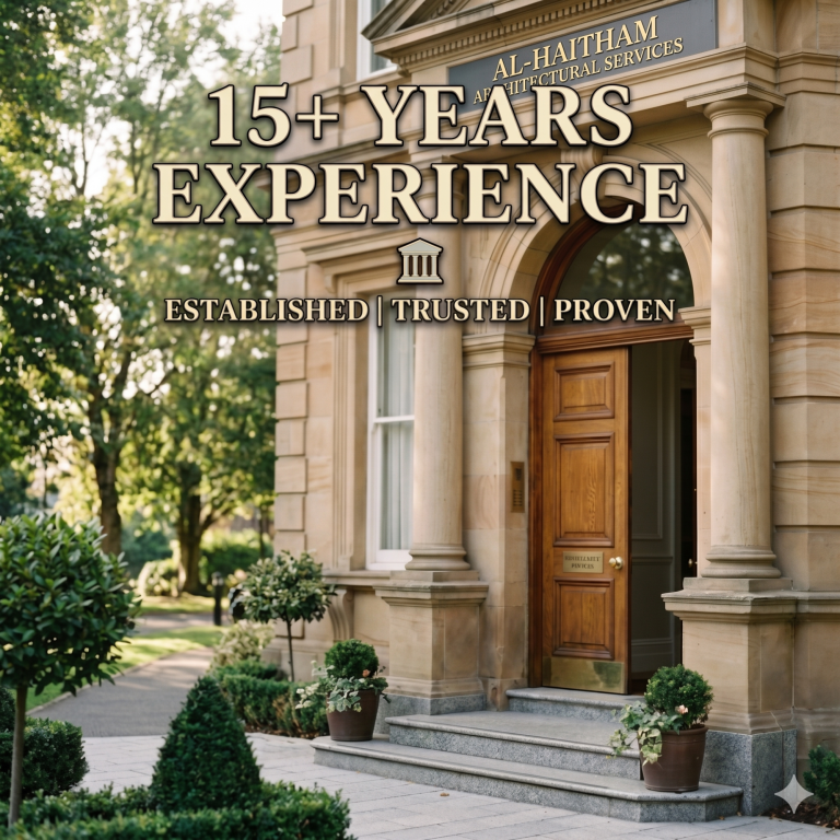 Building exterior surrounded by greenery, featuring a sign about 15+ years of experience.