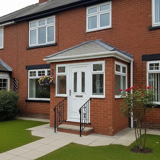 Front of a brick house with a white door, flower pots, and well-kept garden.