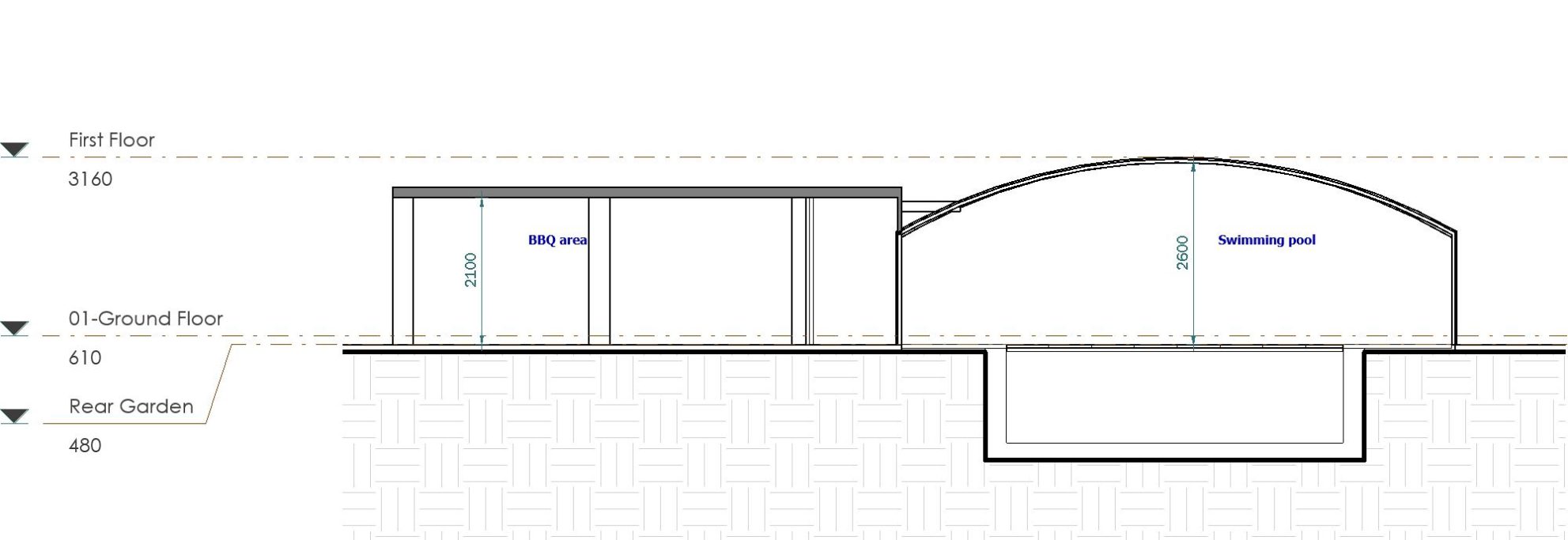Diagram showing a building layout with flat and arched roofs and outlined sections.
