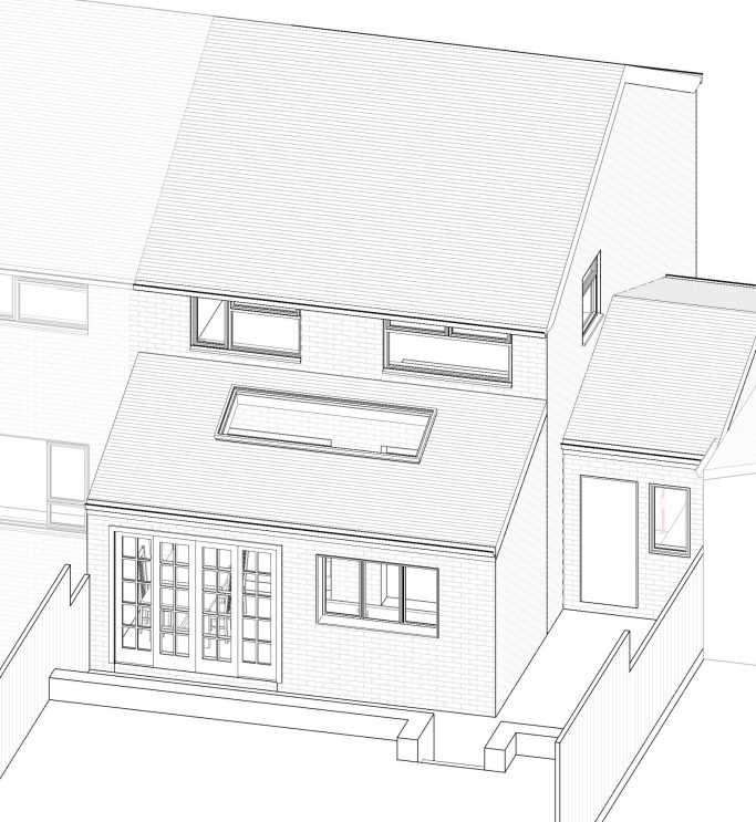 Illustration of a modern house with a flat roof and a rear extension.