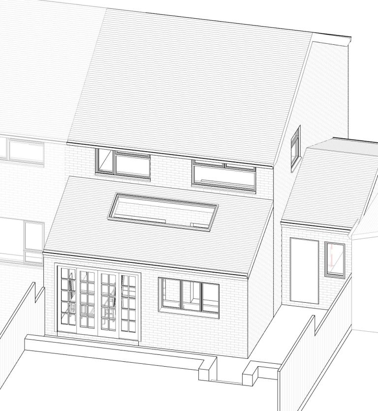 A simplified architectural drawing of a two-storey house with a skylight and patio doors.