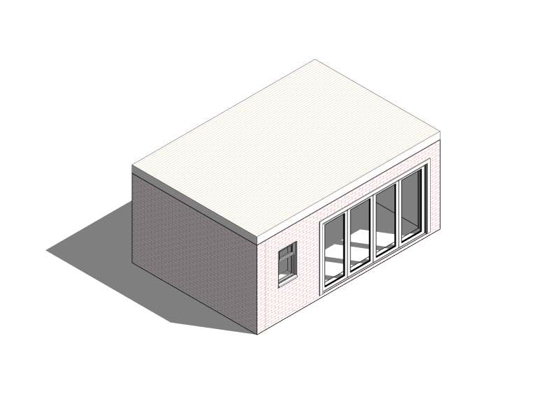Modern flat-roofed building with large glass windows and minimalistic design.