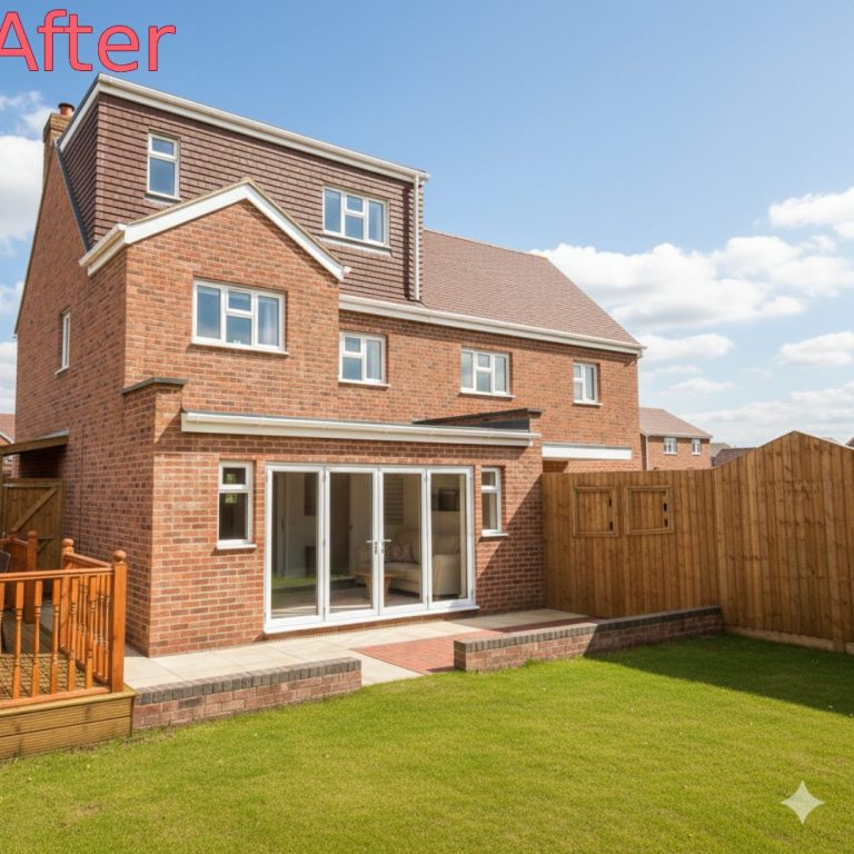 Modern brick house with large patio doors, green lawn, and wooden fence.