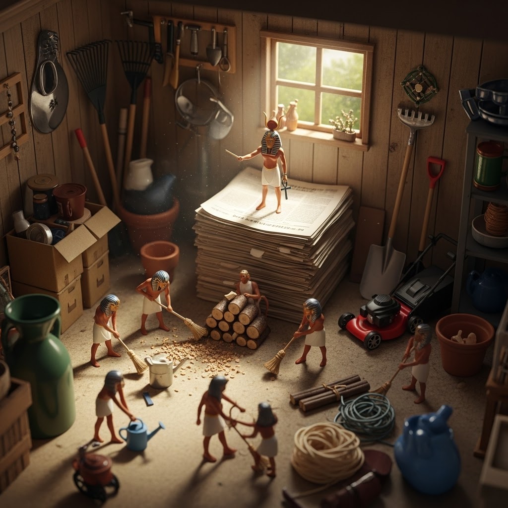 Shed A miniature scene in a cluttered shed with tiny figures engaged in various chores.