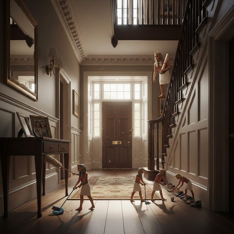 Children cleaning a hallway with a staircase, framed by a welcoming entryway and mirrors.