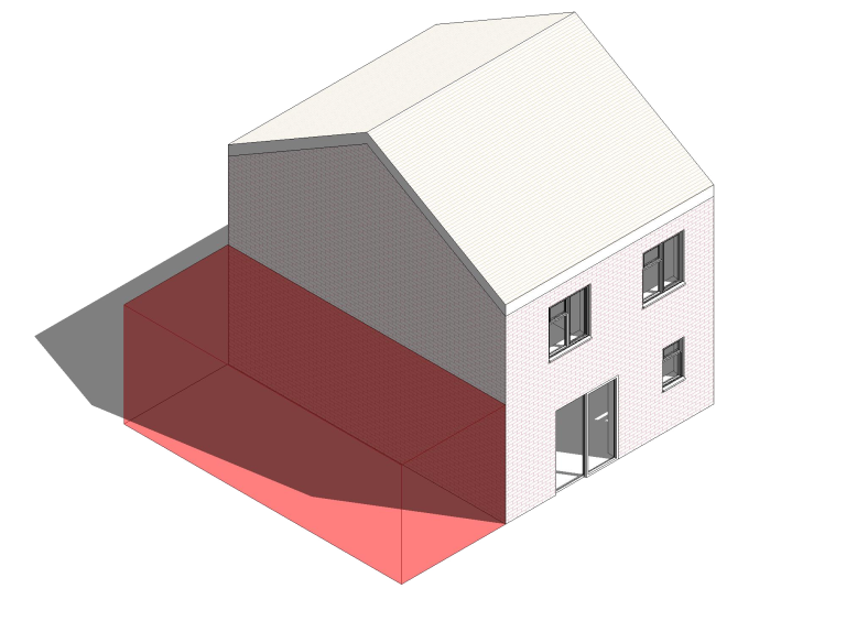 A simple house design with a grey and white exterior, featuring a red shaded area.