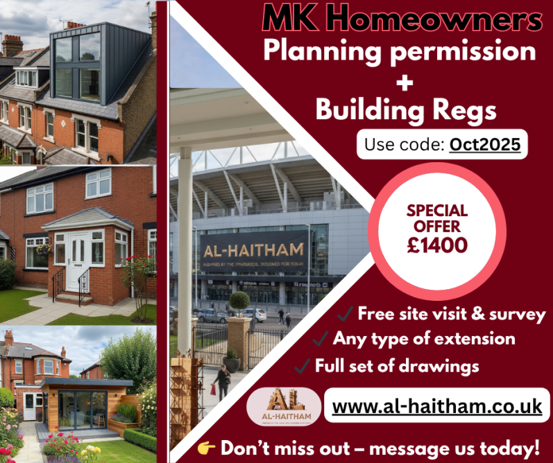 Promotional flyer for MK homeowners offering building regulations services and discounts.