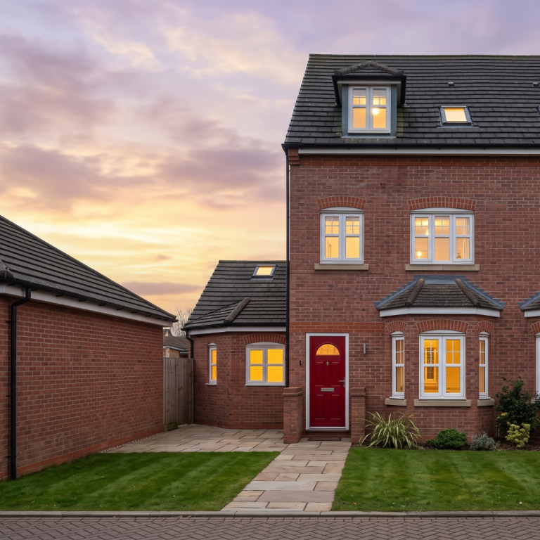 Modern red-brick house with a red front door, surrounded by grass at sunset.