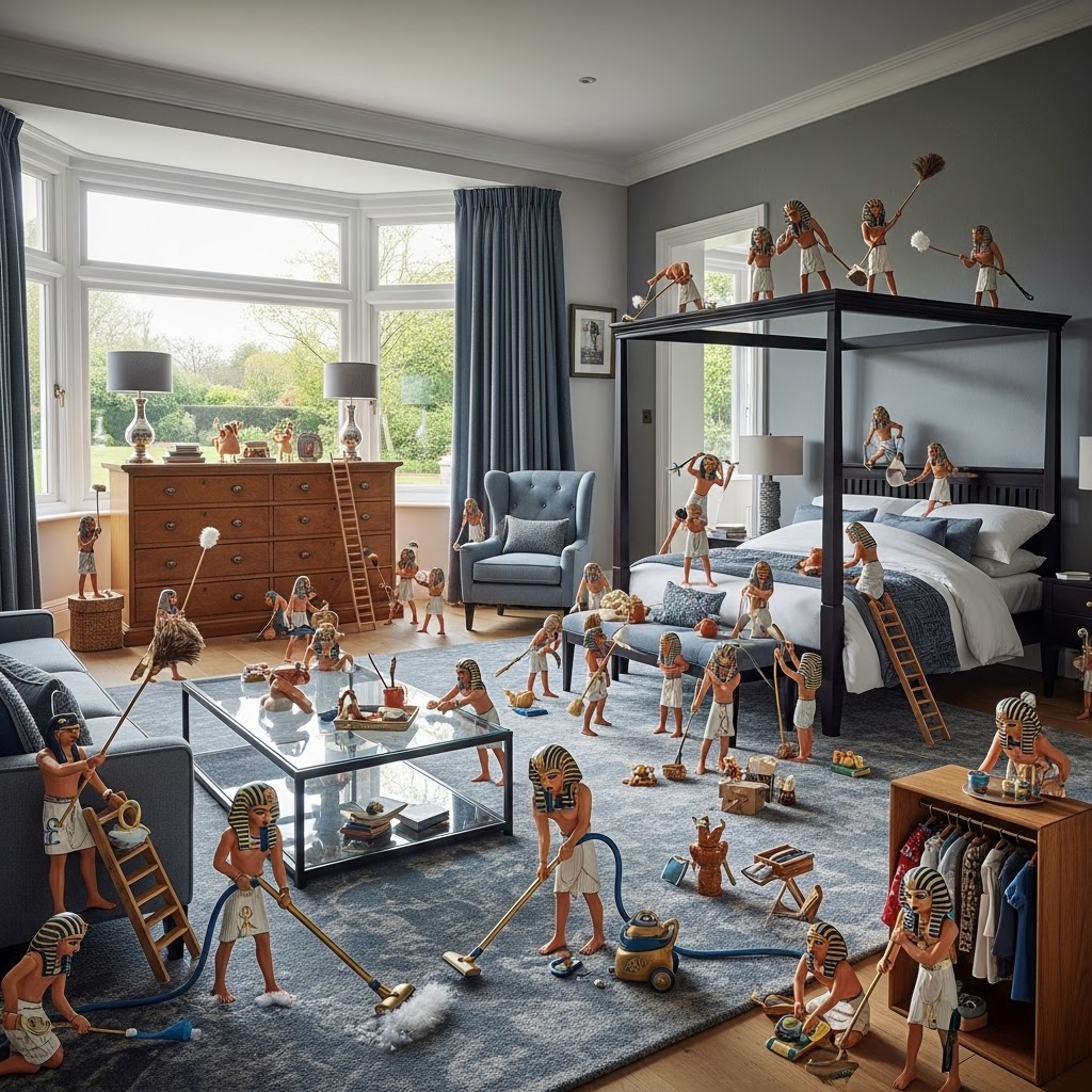 Master Suite A busy room filled with miniature figures engaged in household chores and activities.