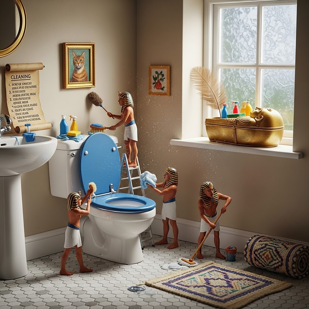 Downstairs Toilet Miniature figures cleaning a toilet in a bathroom with natural light and decorative items.