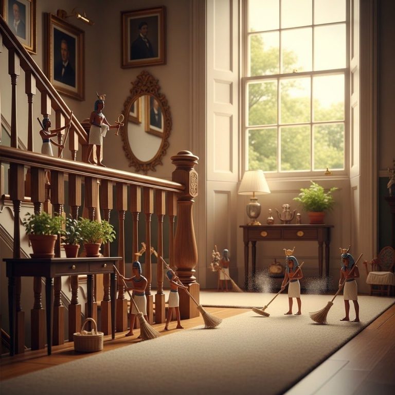 Miniature figures sweeping a spacious, well-lit room with a staircase and plants.