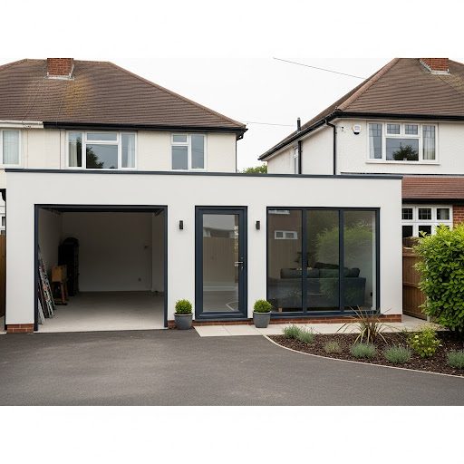 Modern house exterior with a white façade, large windows, and a paved driveway.