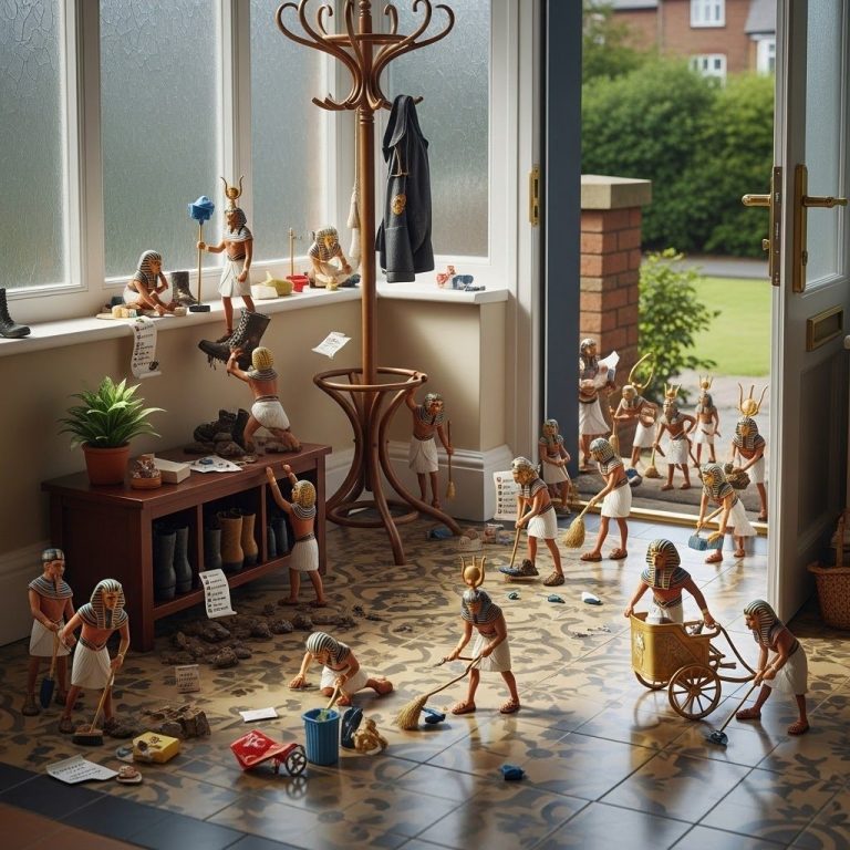 A scene with several dolls engaged in various household tasks around a doorway.