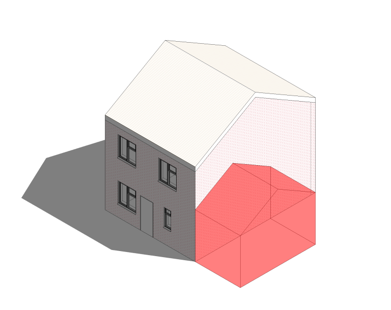 Isometric illustration of a two-storey house with a red base.