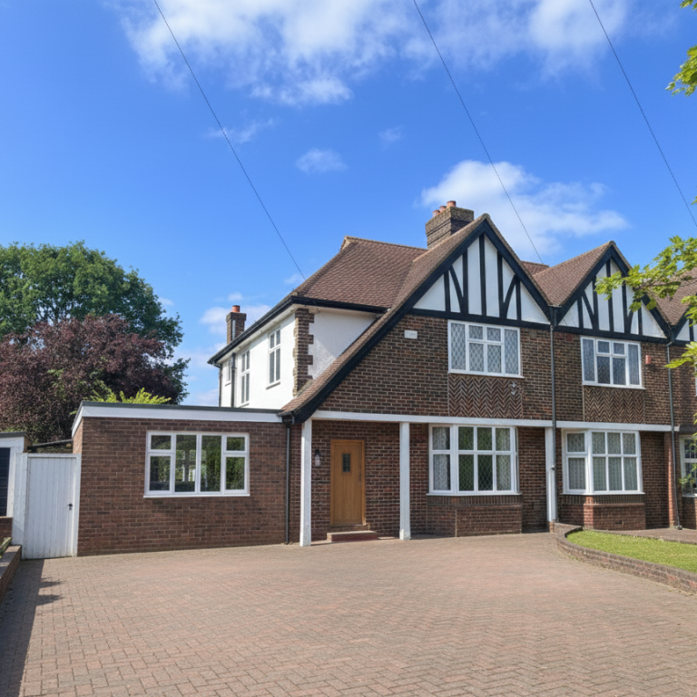A large, modern, brick house with a gabled roof and grey driveway under a blue sky.