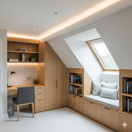 Modern attic study with wooden shelves, a desk, and a cosy reading nook by the window.