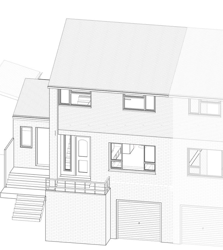 Outline of a two-storey house with balconies and large windows.