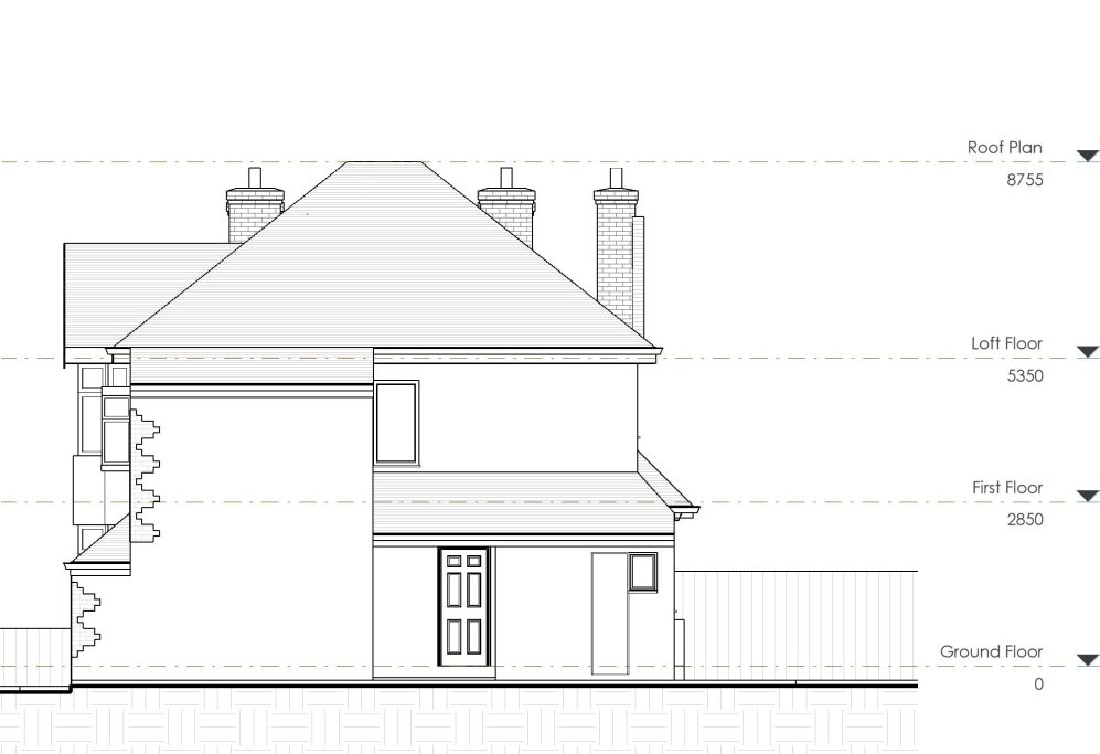 Side elevation drawing of a two-storey house with a pitched roof and chimney stacks.