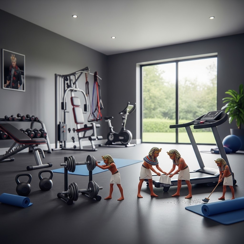 Home Gym A modern gym interior with fitness equipment and cartoonish characters exercising.
