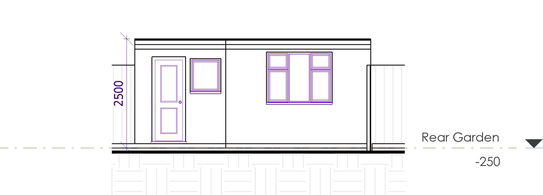 Architectural drawing of a building side elevation with door and window placements.